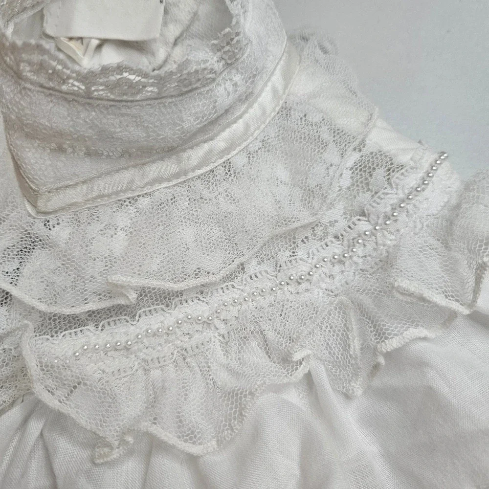 Vintage Gunne Sax Jessica McClintock White Lace Prairie Dress Pearl Trim Size 4